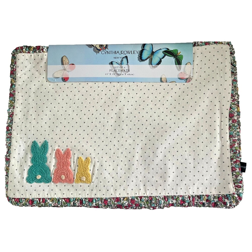 Cynthia Rowley Easter Bunny Placemats Reversible Flowers Holiday Set of 4